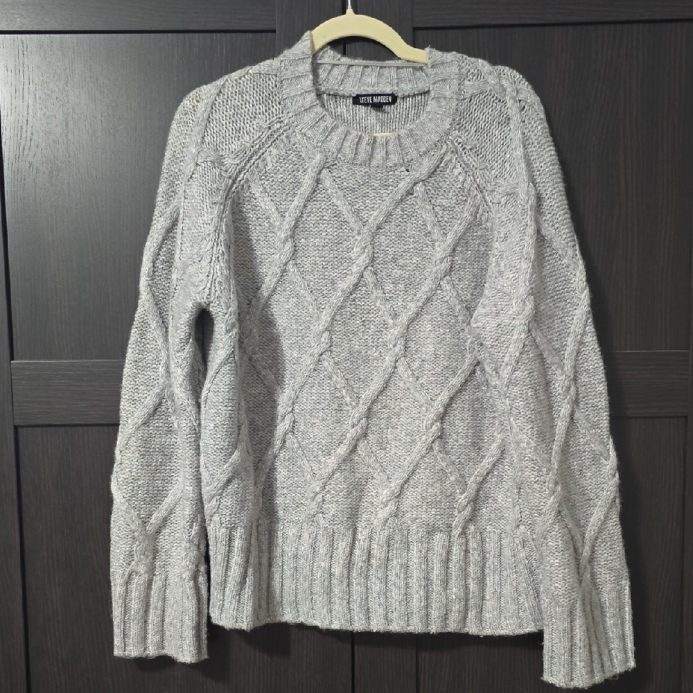 Steve Madden Metallic Gray Crew Neck Cable Knit Sweater